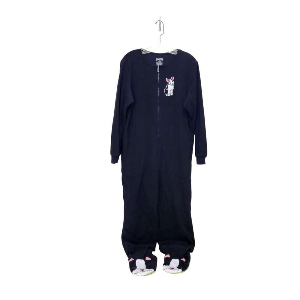 Nick & Nora Womens Black Dog Fleece One Piece Feet Pajamas With Zipper Closure